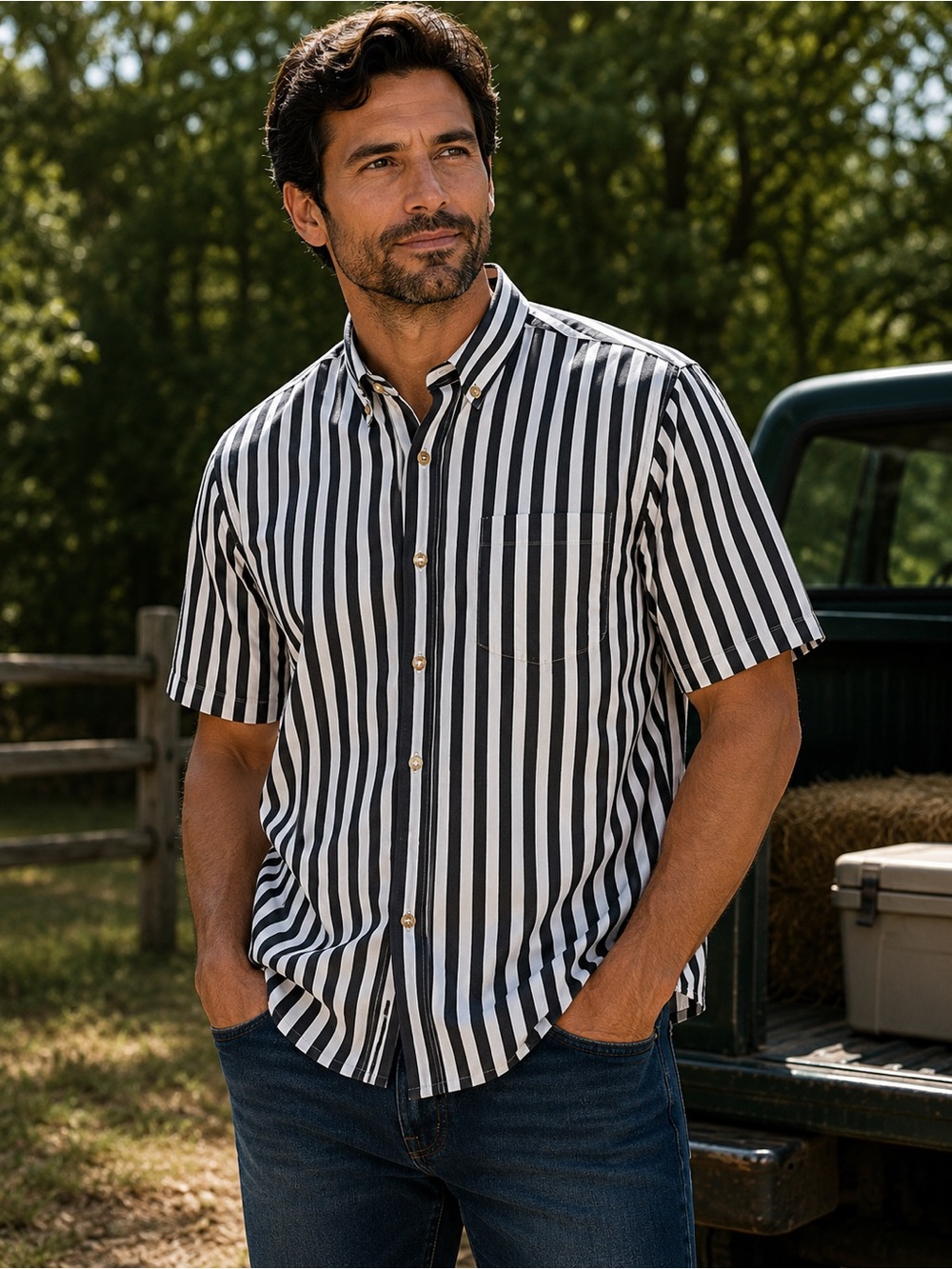 Catalina Black & White Vertical Stripe Short-Sleeve Button-Down Shirt